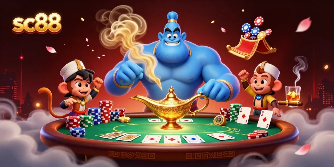 Experience the thrill of sc88 with a vibrant genie, monkey, and poker chips in a dynamic casino scene.