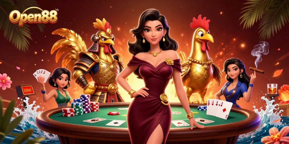 Experience exciting gameplay at Open88 with a glamorous woman and a golden rooster warrior amidst poker elements.