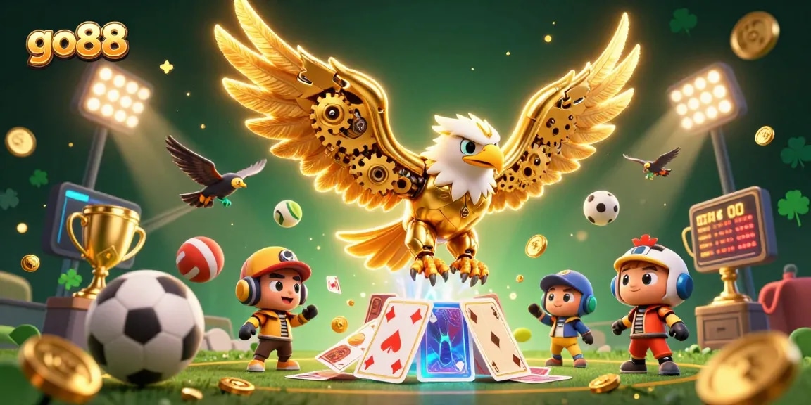 Experience thrilling gameplay at go88 with a dynamic scene of a cybernetic eagle diving through holographic cards.
