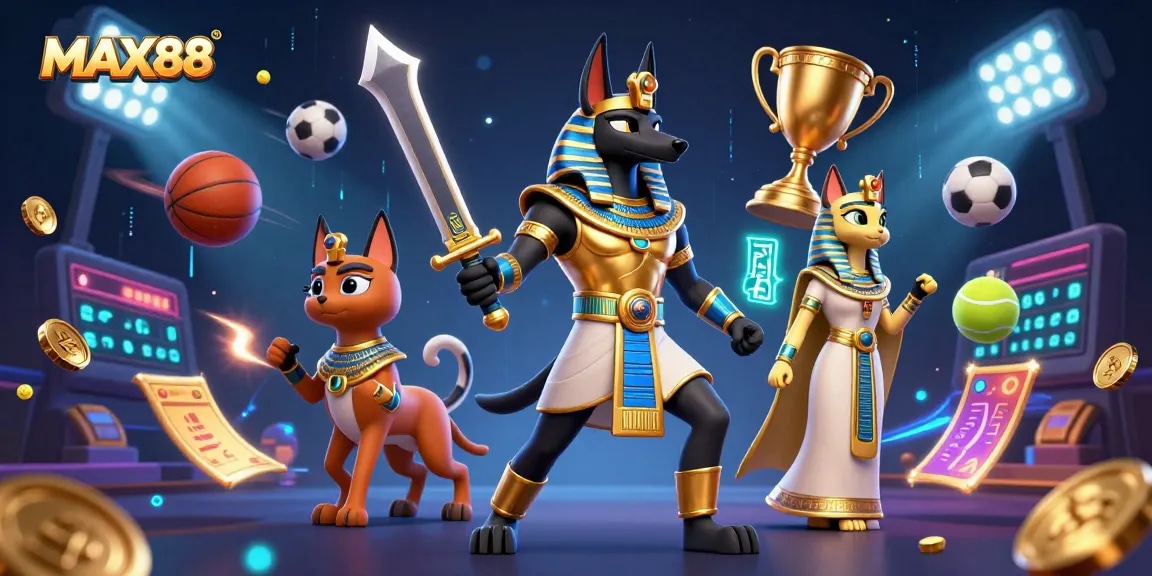 Engage with MAX88 through thrilling sports betting adventures illustrated by ancient symbols and dynamic game elements.