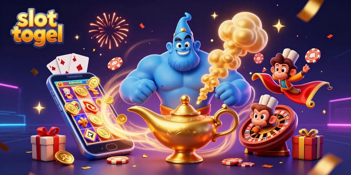 Engage in thrilling slot togel action with a vibrant genie and playful characters in an exciting casino adventure.