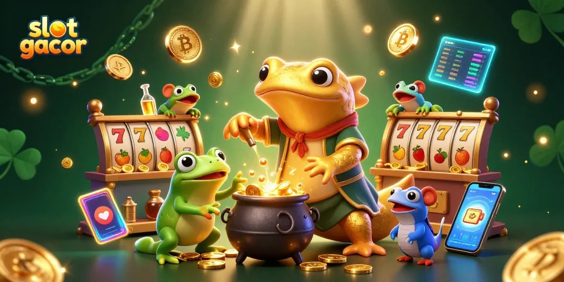 Slot gacor meriah dengan alchemist dan simbol permainan yang berkilau di lab medieval.