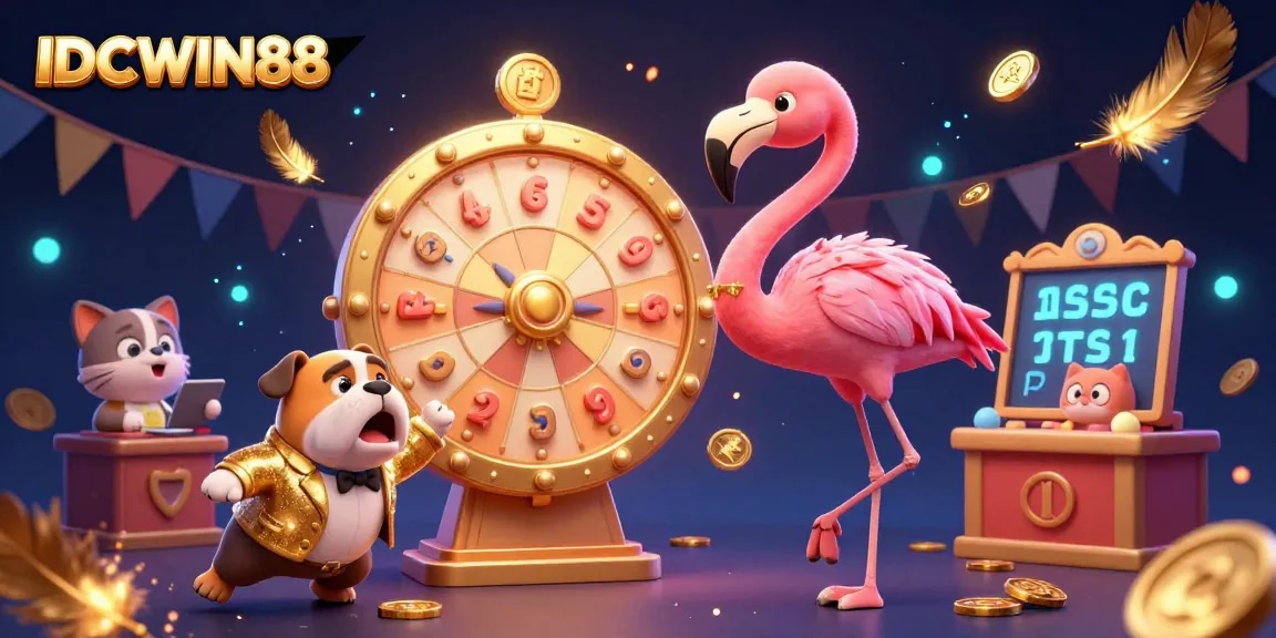 Spin the golden prize wheel with IDCWIN88's vibrant game show scene featuring excitement and gambling elements.