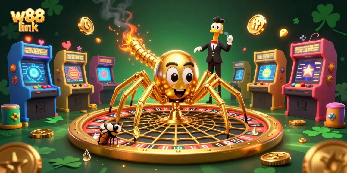 Place bets safely using the w88 link in this vibrant casino-themed illustration.