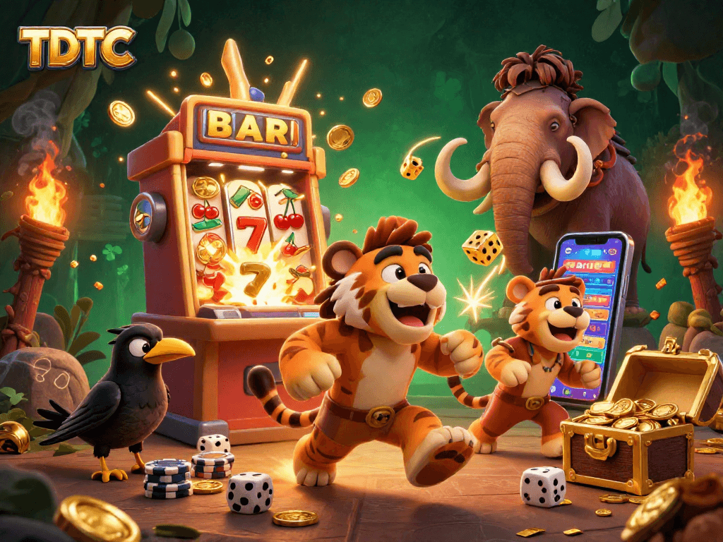 Spin to win at TDTC's prehistoric casino with dynamic characters and vibrant gaming elements.