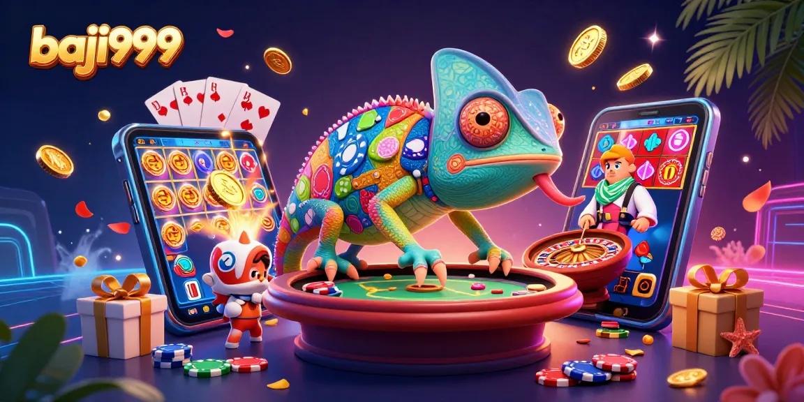 Experience exciting gameplay with baji999, showcasing a vibrant casino scene with a chameleon owner and dynamic game elements.
