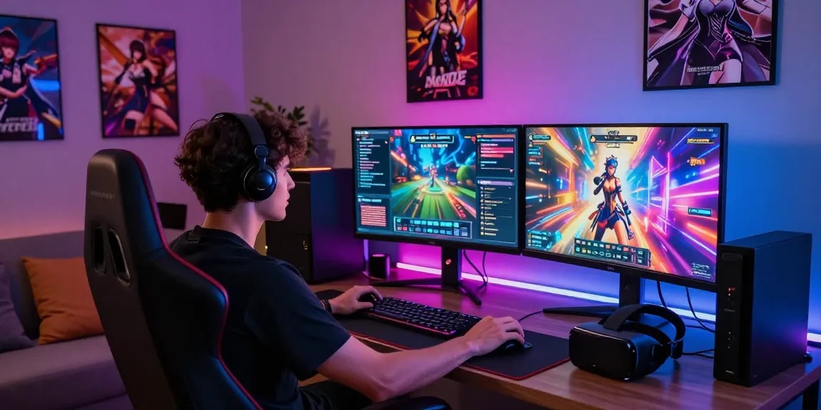 Engaged gamer playing a 3D hentai game in a vibrant gaming setup.
