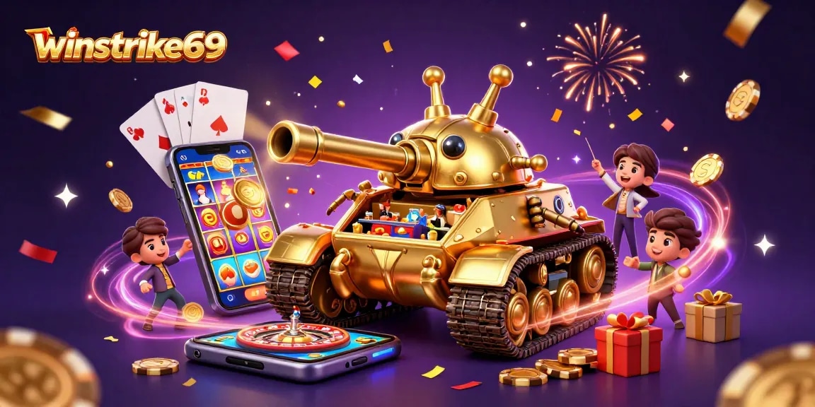 Winstrike69 casino adventure featuring a golden beetle tank with mini casino elements bursting with excitement.