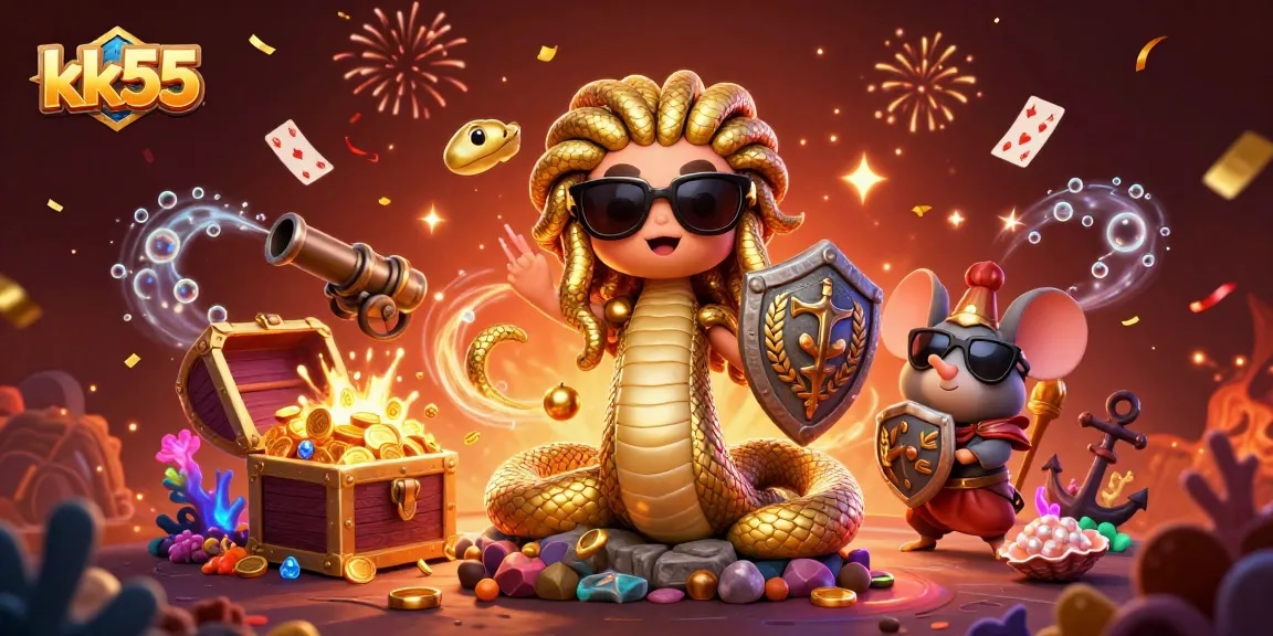 Spin and win at kk55, featuring a vibrant dive into casino excitement with unique characters and riches.