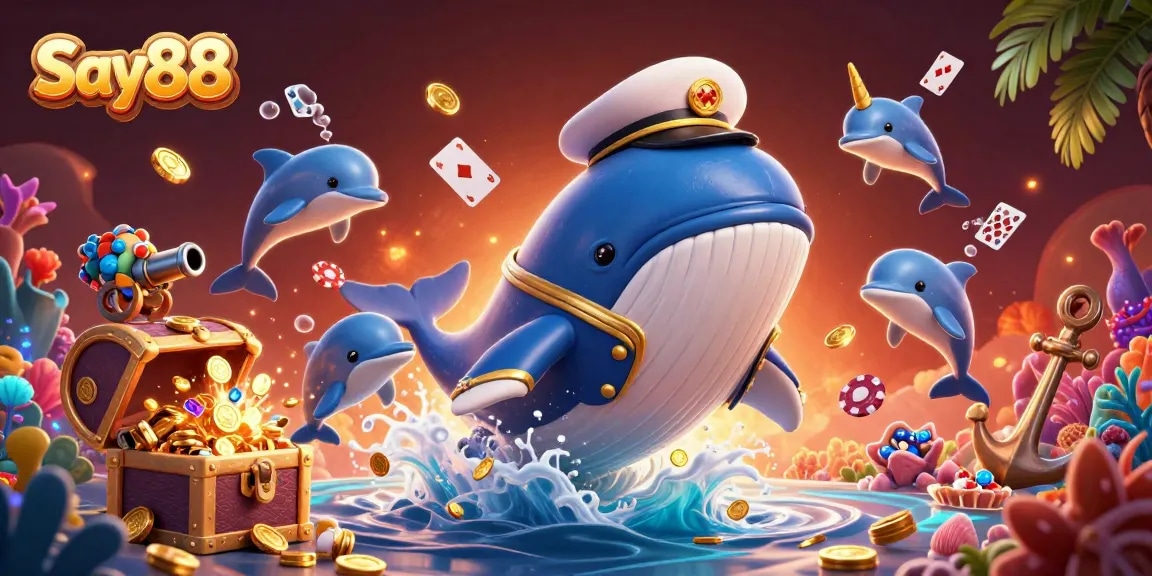Engage with Say88’s vibrant casino world as the whale breaches through coins, highlighting excitement.