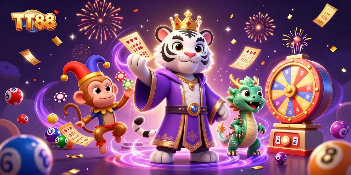 Experience the thrill of TT88 with vibrant casino elements and characters in a dynamic 3D illustration.
