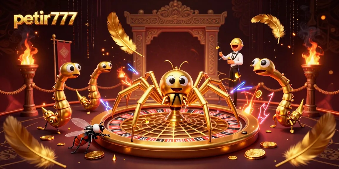 Bet on petir777 as a fly nervously places wagers at a roulette wheel web, surrounded by an enchanting casino atmosphere.
