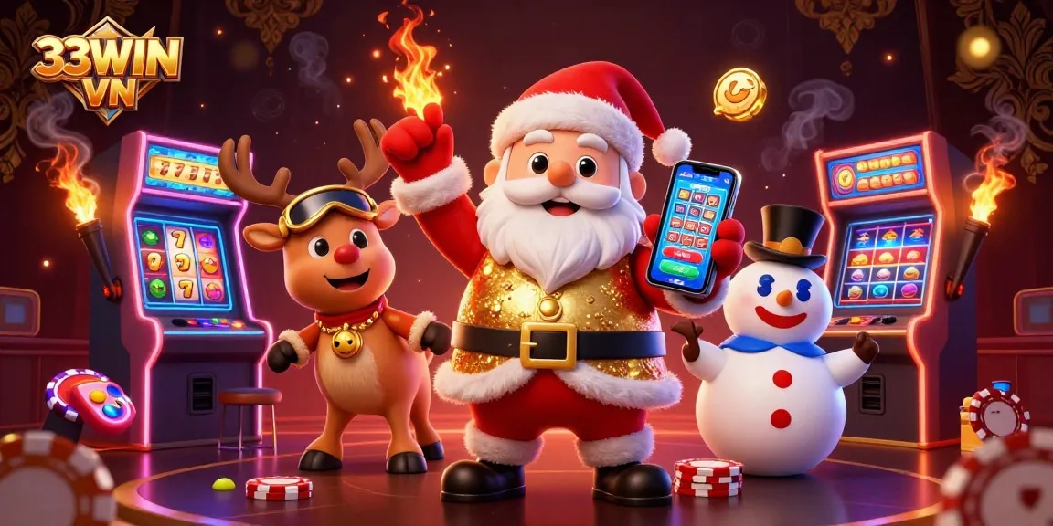 Experience exciting jackpots at 33WIN VN with Santa and friends in a vibrant casino setting.