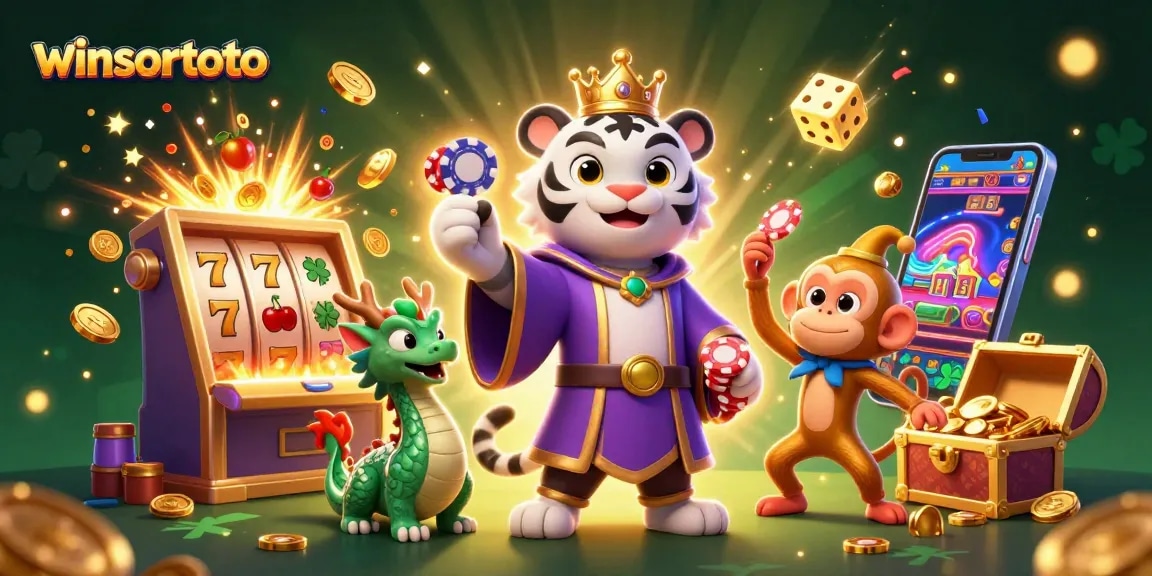 Experience winsortoto with a lively casino scene featuring a regal white tiger, monkey, and dragon.
