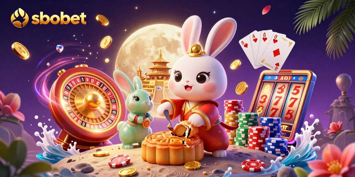 Bet on sbobet with vibrant scenes of luck including moon rabbit and casino elements.