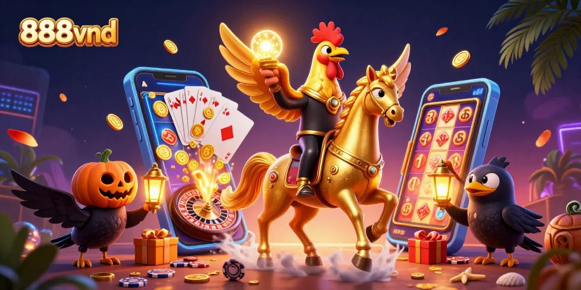 Engage with exciting 888vnd slots as a golden rooster rides through a vibrant midnight casino.