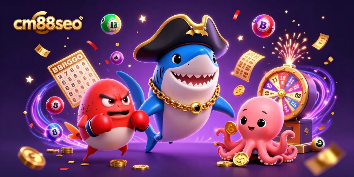 Engage with cm88seo's dynamic casino scene featuring iconic gaming symbols and characters.