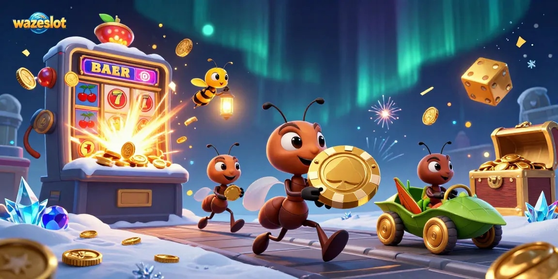 Experience the excitement of wazeslot with animated ants heisting a giant poker chip amidst a casino adventure.