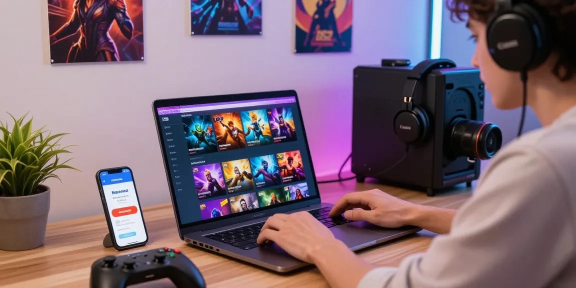 User engaging with B52 online gaming platform on laptop in a modern home office setting.