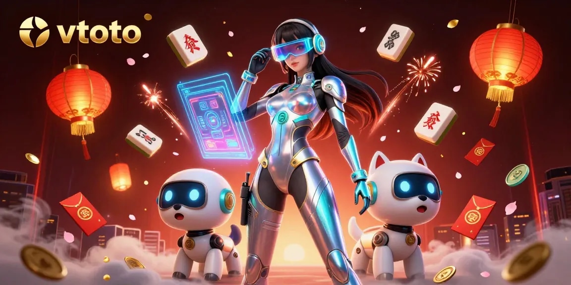 Engage in thrilling gaming with tvtoto featuring a futuristic woman and robot dog in a vibrant casino landscape.