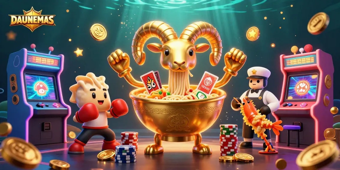 DAUNEMAS showcases a creative and vibrant casino environment with cartoon characters, gaming elements, and glowing visuals.