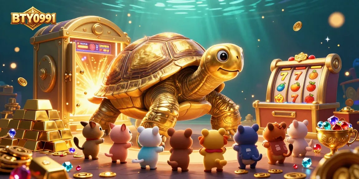 Experience the excitement of BTY0991's slot games with a vibrant illustration of a golden tortoise and treasures.