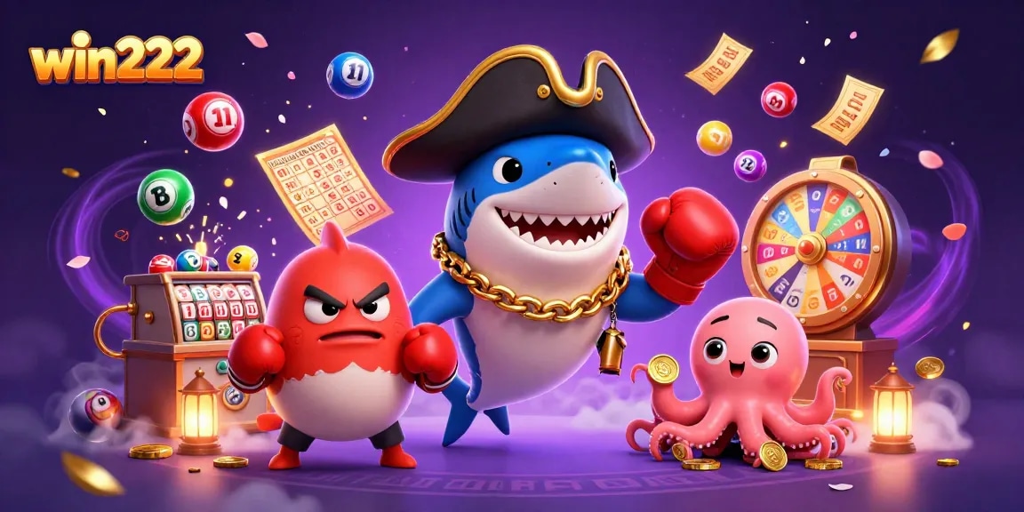 Engage with win222 in this vibrant casino scene showcasing slot games and lottery excitement.
