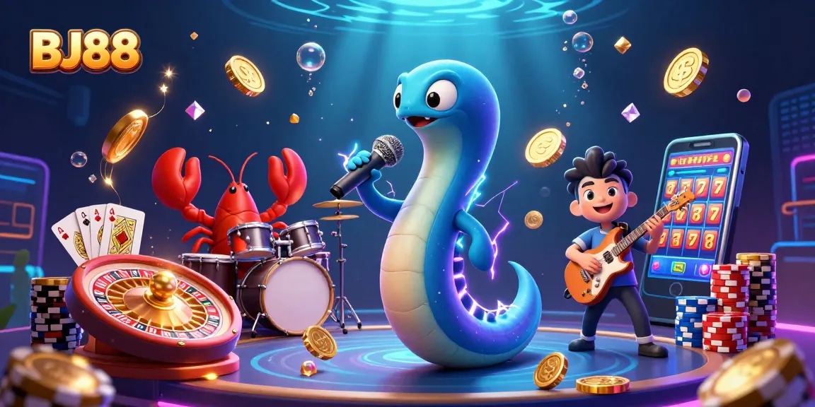 Engage in thrilling gameplay with BJ88 within an underwater casino featuring vibrant characters and exciting elements.