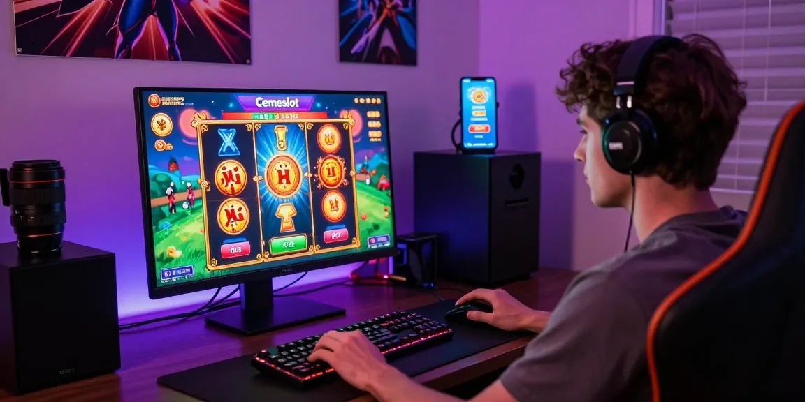 Engaged player enjoying exciting slot games on the Cemeslot platform while using Login Cemeslot Resmi in a vibrant home gaming setup.