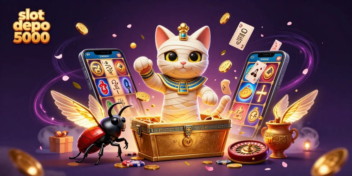 Spin to win on slot depo 5000 with an elaborate 3D casino illustration featuring Egyptian mystique.