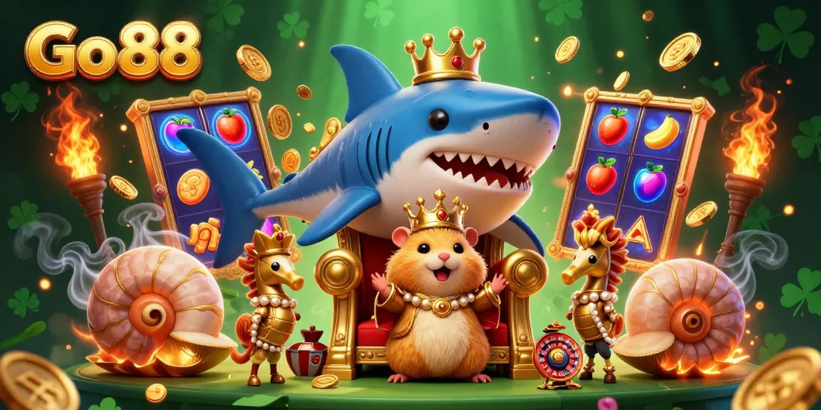 Play exciting casino games at Go 88 with captivating golden hamster king and vibrant gaming elements.