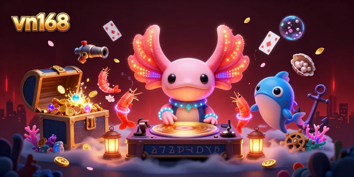 Experience online gaming excitement at vn168 with vibrant 3D digital characters and casino-themed elements.