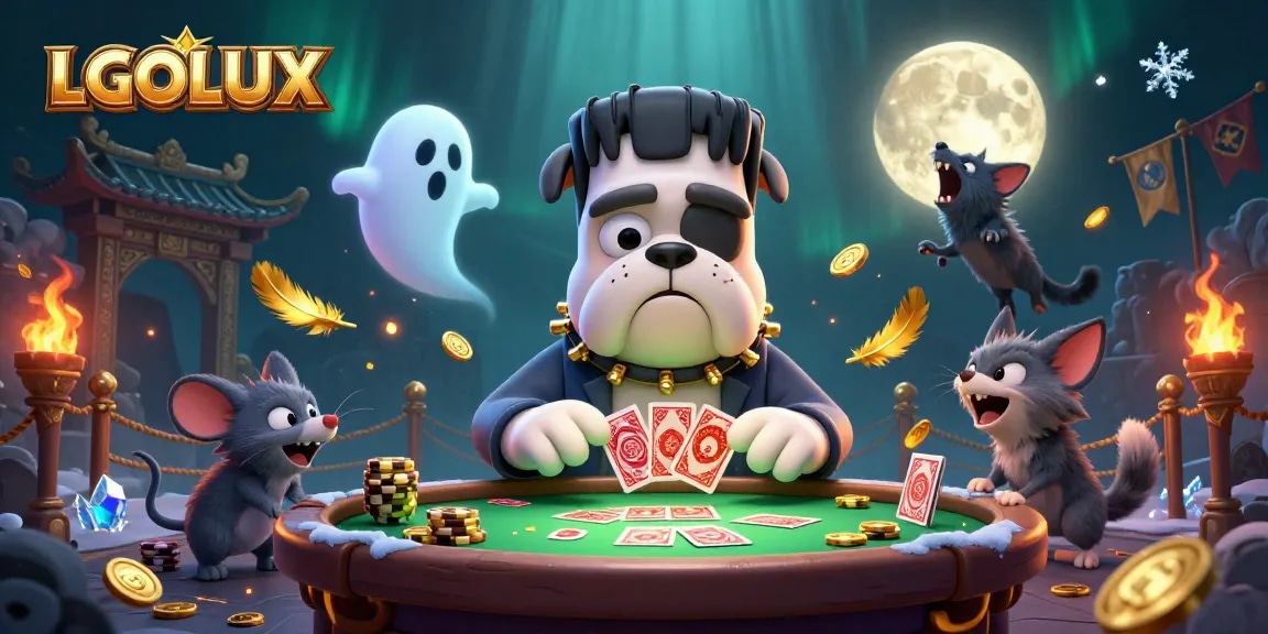 LGOLUX features a dynamic scene with a 3D Frankenstein bulldog dealing cards, perfect for casino promotions.