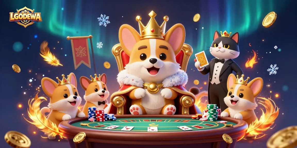 Join the royalty at LGODEWA with a fun poker scene featuring playful corgis and golden cards.
