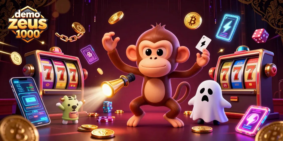 Exciting play with demo slot zeus 1000 as the poltergeist monkey juggles coins in a haunted casino.