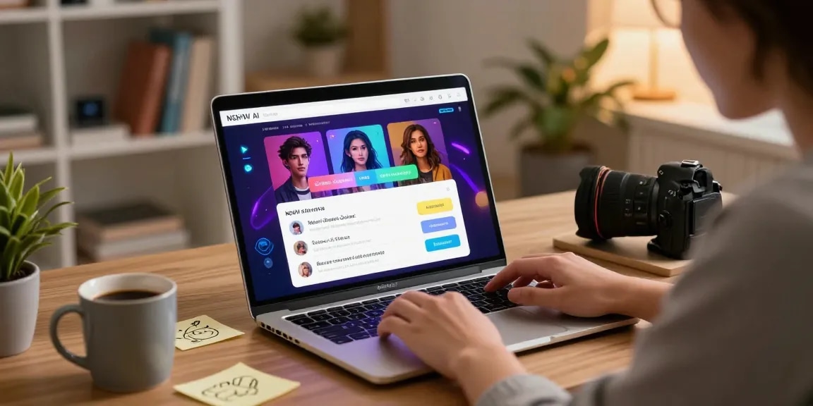 User exploring NSFW AI chat platform on sleek laptop in cozy home office