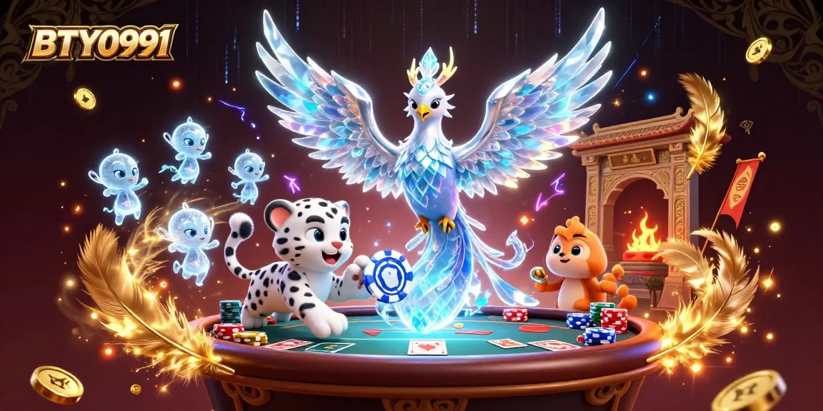 Experience BTY0991's thrilling poker scene with an ice phoenix, cub, and glowing sprites.