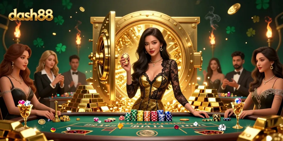 Experience high-stakes gaming action with dash88 at the exclusive baccarat table, surrounded by gold and treasures.