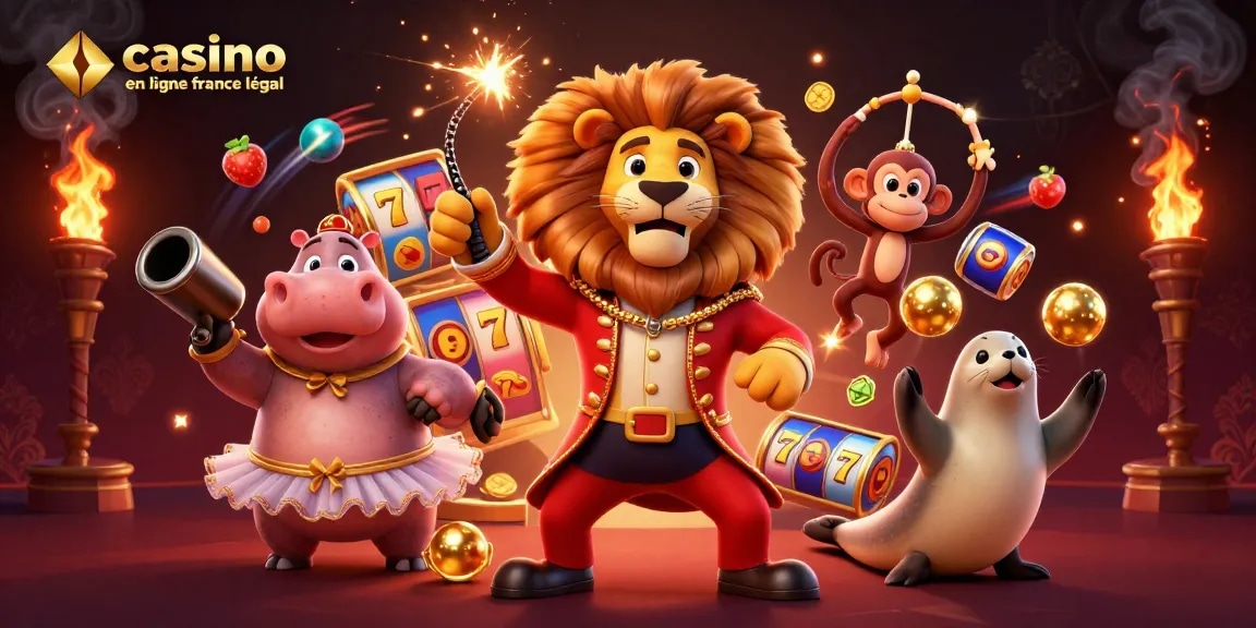 Découvrez l'excitation du casino en ligne France légal avec une illustration vibrante sur le thème du cirque mettant en avant des éléments de casino uniques.