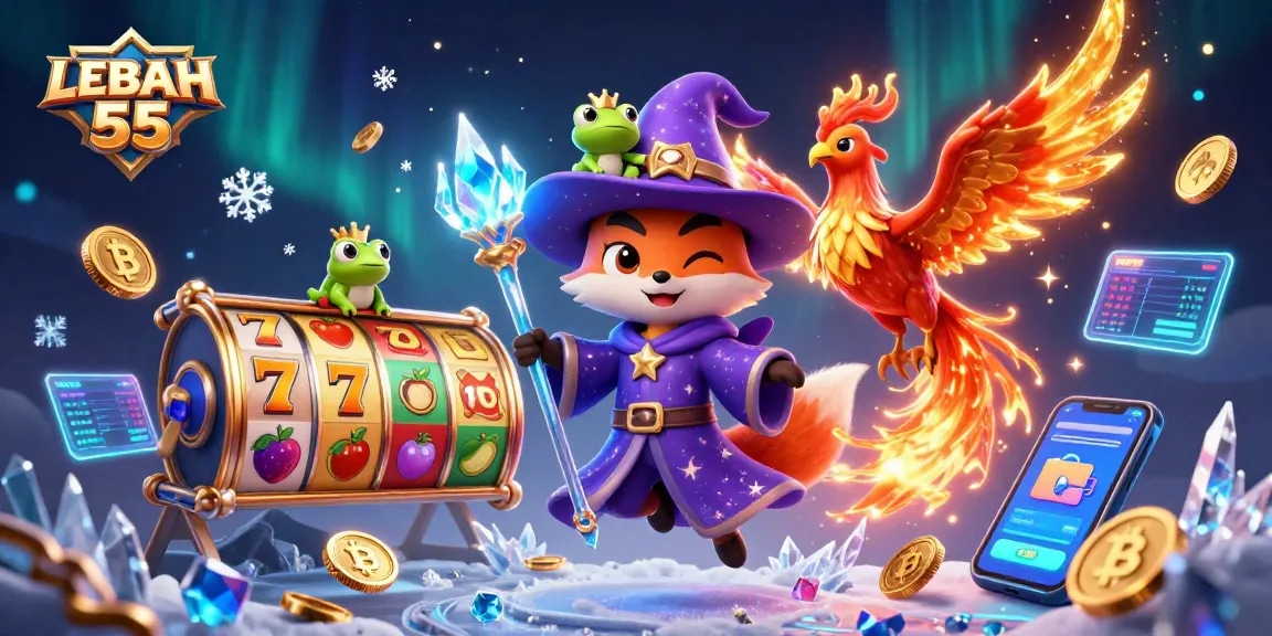 Play exciting online slots like LEBAH 55 with vibrant characters and crypto-themed elements.