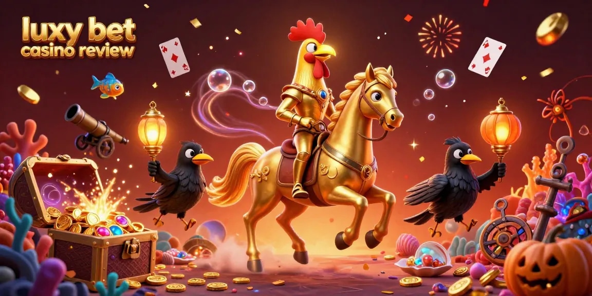 Lively illustration depicting the luxy bet casino review with a golden rooster headless horseman in a festive casino scene.