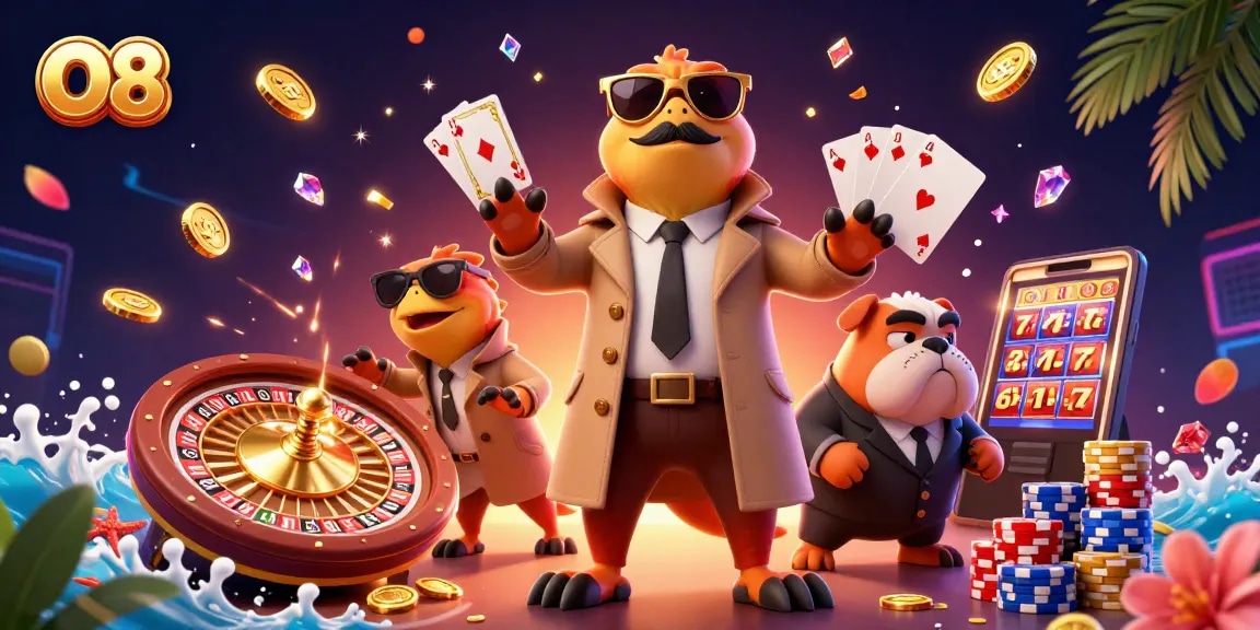 Join O8's animated raptors in a lively casino scene filled with vibrant elements and action.