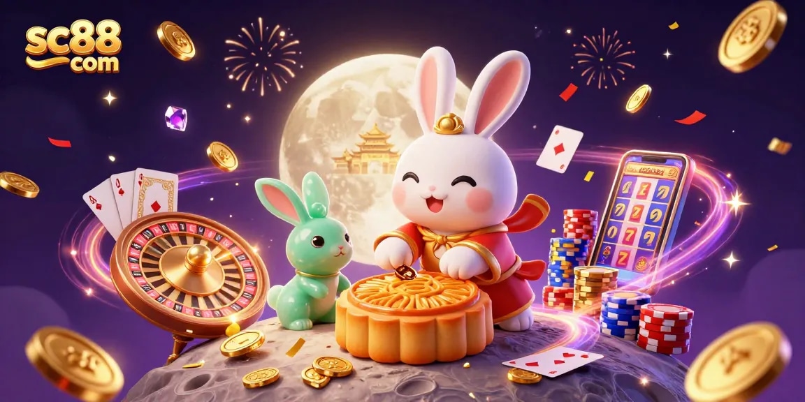 Engage in thrilling gameplay at sc88 com with dynamic illustrations of a casino-themed moon rabbit adventure.