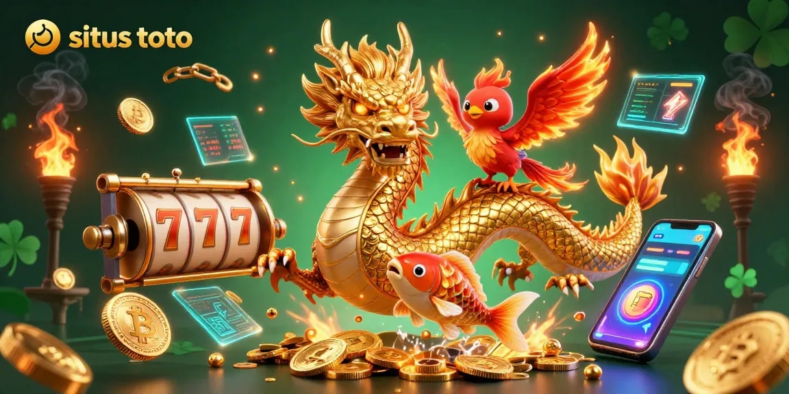 Play situs toto with an exciting scene of a dragon and phoenix amidst slot reels and digital currency elements
