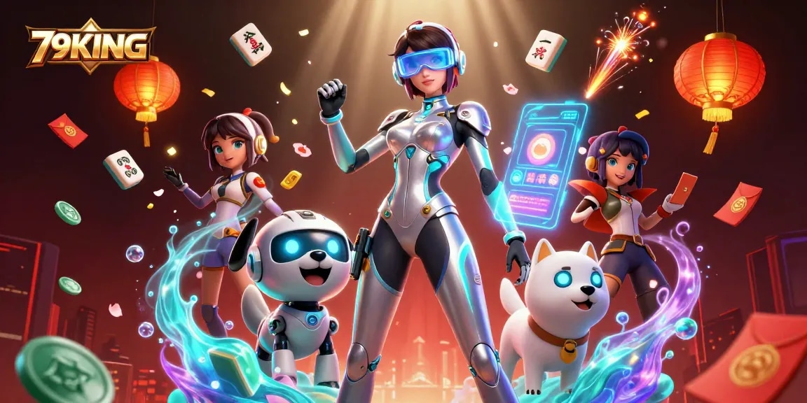 Experience excitement at 79KING with a vibrant casino scene featuring a heroic woman and robot dog.