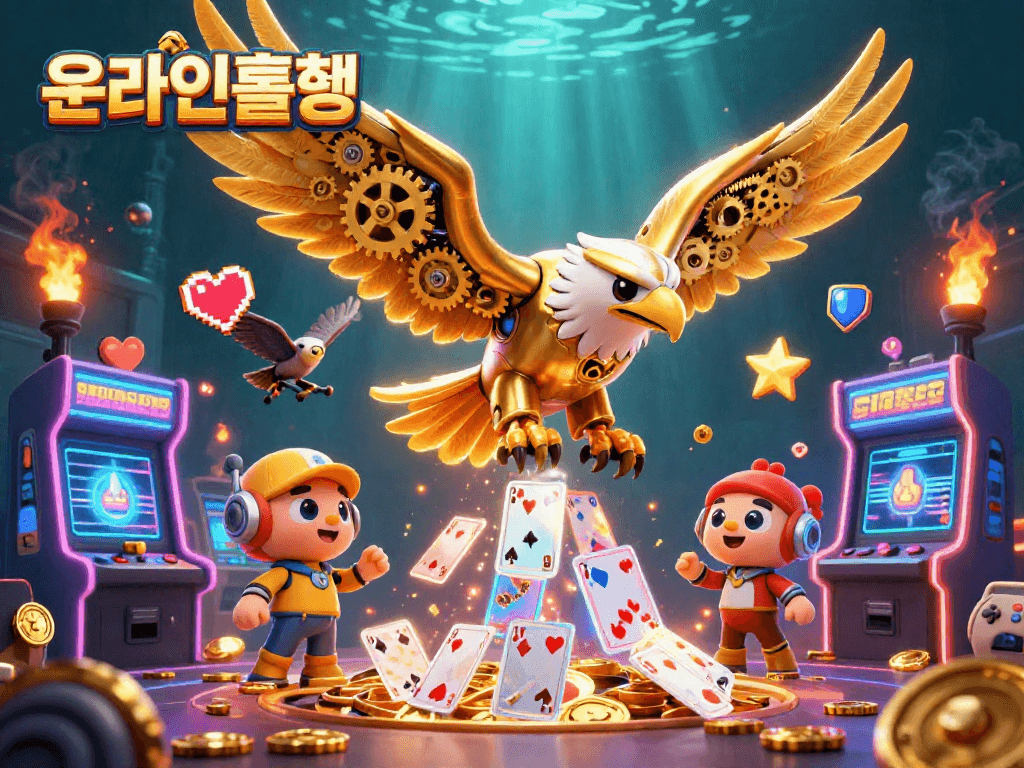 온라인홀덤에서 카드 게임을 즐기는 장면과 다양한 아케이드 게임이 조화를 이루는 일러스트