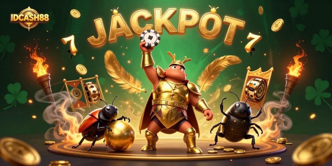 Spin and win with IDCASH88 as characters celebrate a jackpot victory with vibrant casino elements.
