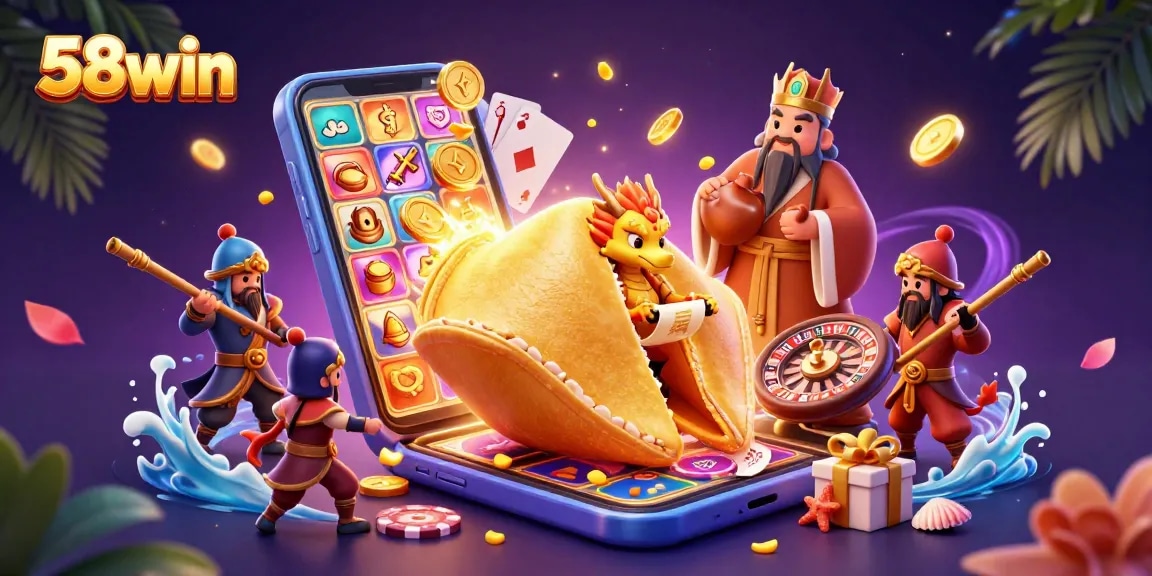 Play thrilling slots at 58win with golden fortune cookie and exciting casino elements in vibrant 3D