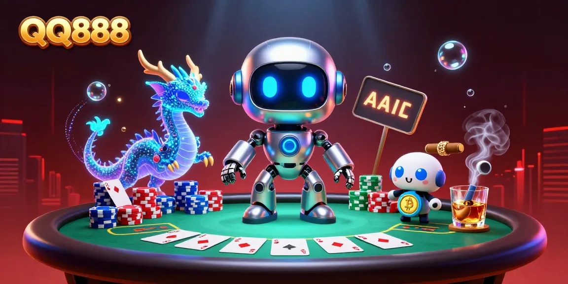 Engage with QQ888’s vibrant online casino scene featuring a cyberpunk robot and poker elements.