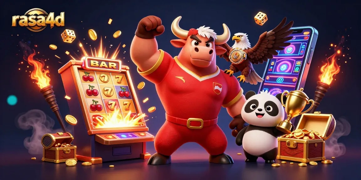 Menangkan jackpot dengan rasa4d, karakter bulat kartun muskulus merayakan kemenangan di kasino.